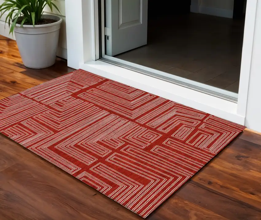 Red And Ivory Geometric Washable Indoor Outdoor Area Rug Photo 1