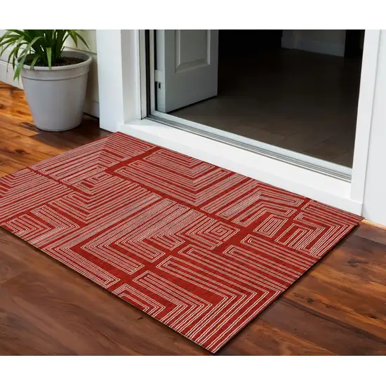 Red And Ivory Geometric Washable Indoor Outdoor Area Rug Photo 1