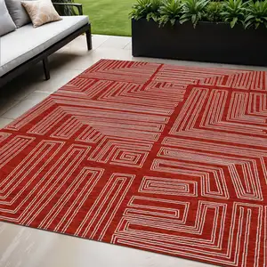 Photo of Red And Ivory Geometric Washable Indoor Outdoor Area Rug