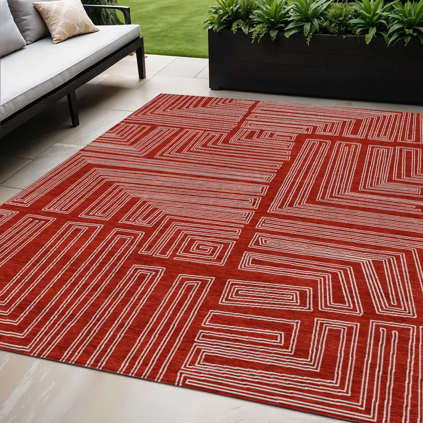 Red And Ivory Geometric Washable Indoor Outdoor Area Rug Photo 1
