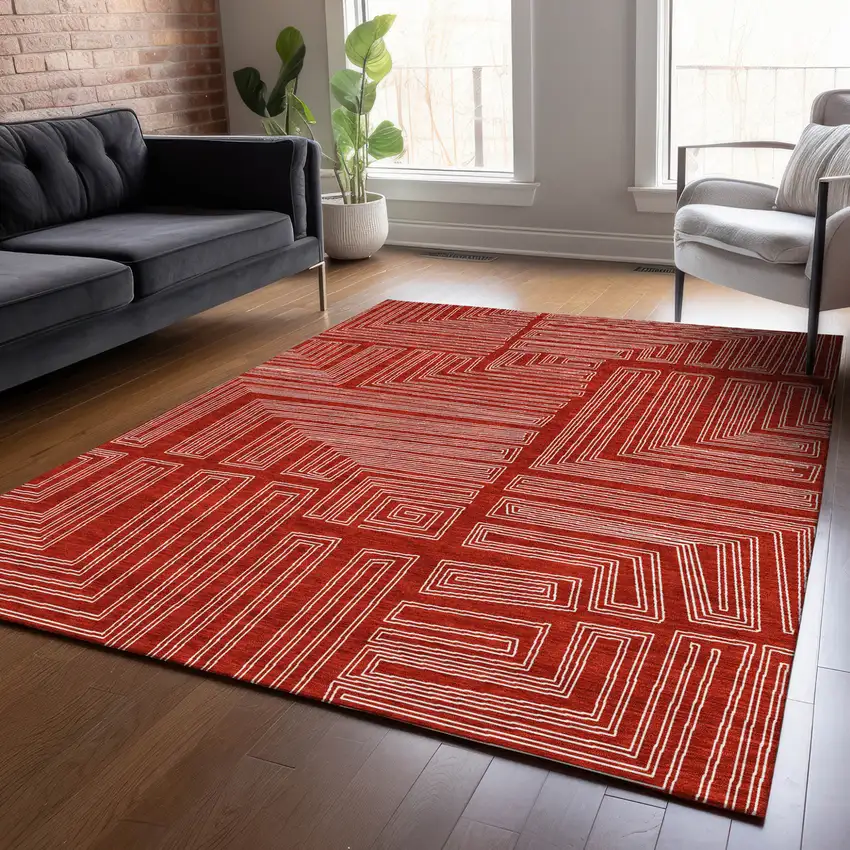 Red And Ivory Geometric Washable Indoor Outdoor Area Rug Photo 8
