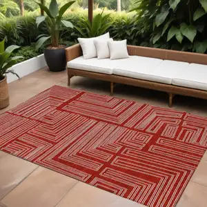 Photo of Red And Ivory Geometric Washable Indoor Outdoor Area Rug