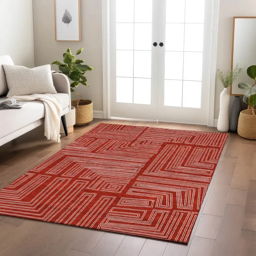 Red And Ivory Geometric Washable Indoor Outdoor Area Rug Photo 9