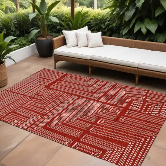 Red And Ivory Geometric Washable Indoor Outdoor Area Rug Photo 1