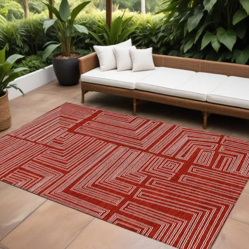 Red And Ivory Geometric Washable Indoor Outdoor Area Rug Photo 1