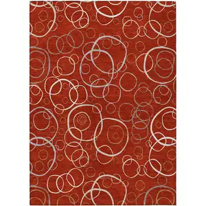 Photo of Red And Ivory Geometric Washable Indoor Outdoor Area Rug