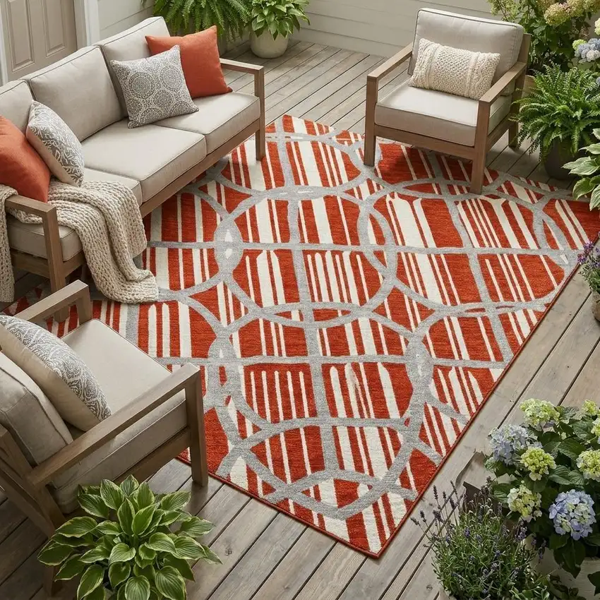 Red And Ivory Geometric Washable Indoor Outdoor Area Rug Photo 1