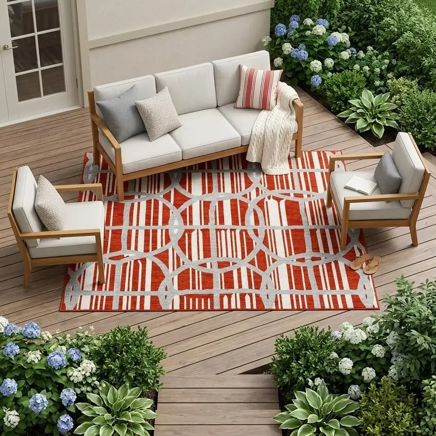 Red And Ivory Geometric Washable Indoor Outdoor Area Rug Photo 1