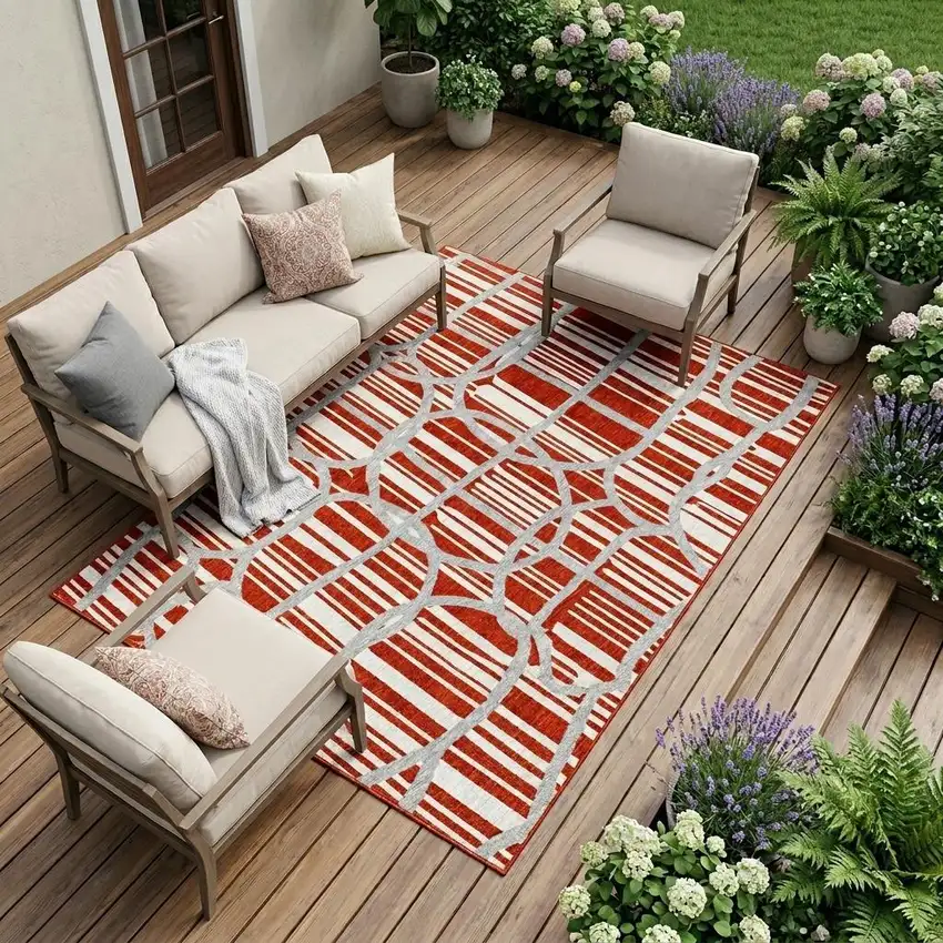 Red And Ivory Geometric Washable Indoor Outdoor Area Rug Photo 1