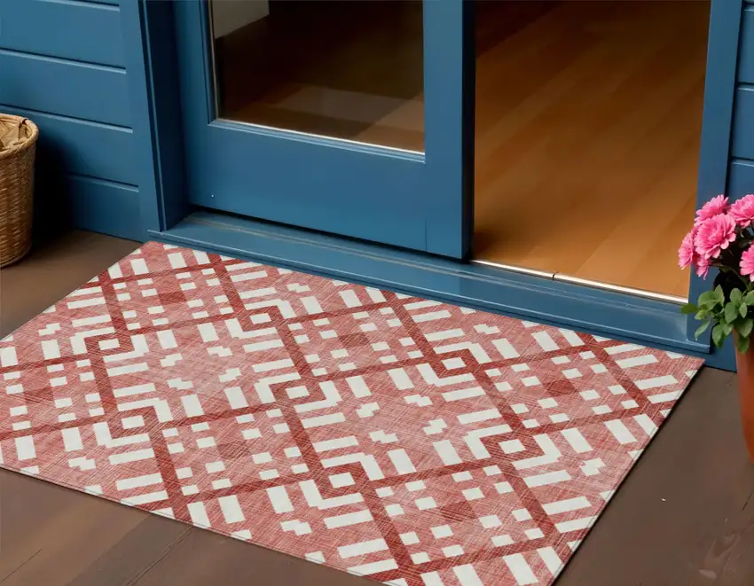 Red And Ivory Geometric Washable Indoor Outdoor Area Rug Photo 1