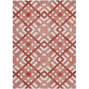 Photo of Red And Ivory Geometric Washable Indoor Outdoor Area Rug