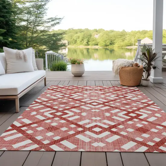 Red And Ivory Geometric Washable Indoor Outdoor Area Rug Photo 9