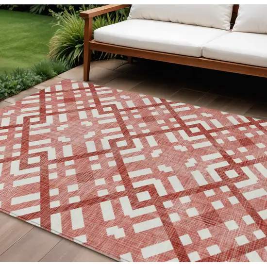 Red And Ivory Geometric Washable Indoor Outdoor Area Rug Photo 1