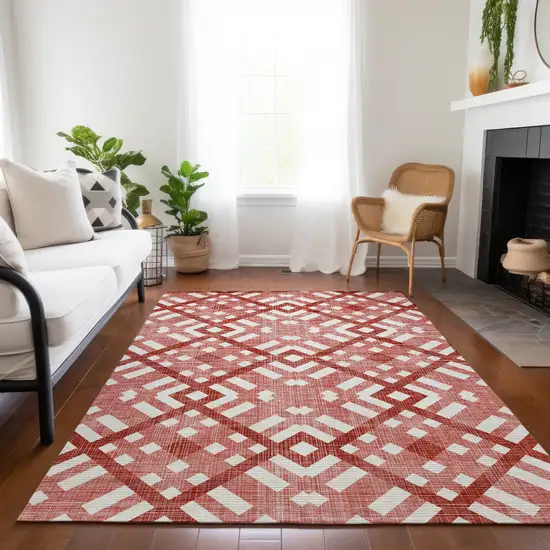 Red And Ivory Geometric Washable Indoor Outdoor Area Rug Photo 9