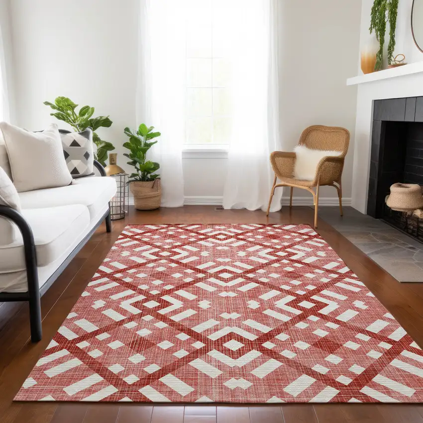 Red And Ivory Geometric Washable Indoor Outdoor Area Rug Photo 9
