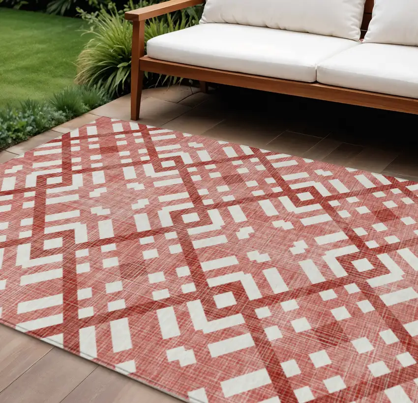 Red And Ivory Geometric Washable Indoor Outdoor Area Rug Photo 1