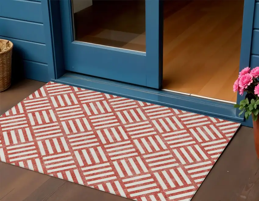 Red And Ivory Geometric Washable Indoor Outdoor Area Rug Photo 1