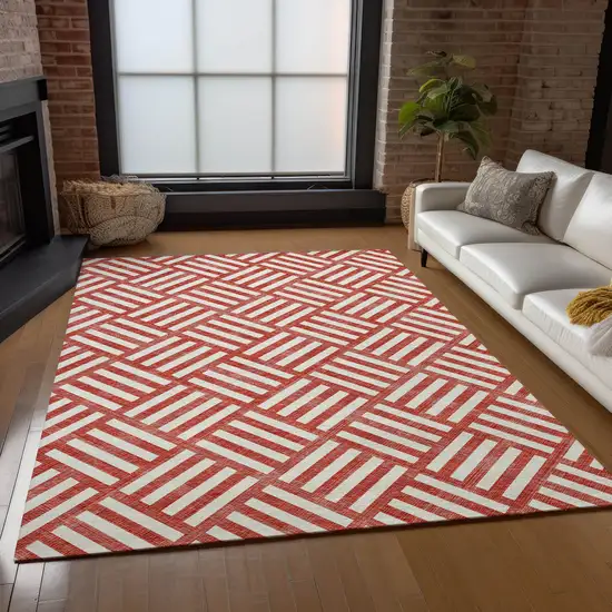 Red And Ivory Geometric Washable Indoor Outdoor Area Rug Photo 9
