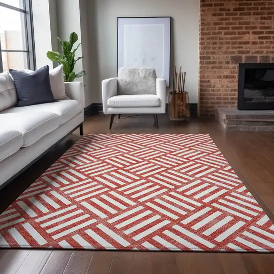 Red And Ivory Geometric Washable Indoor Outdoor Area Rug Photo 9