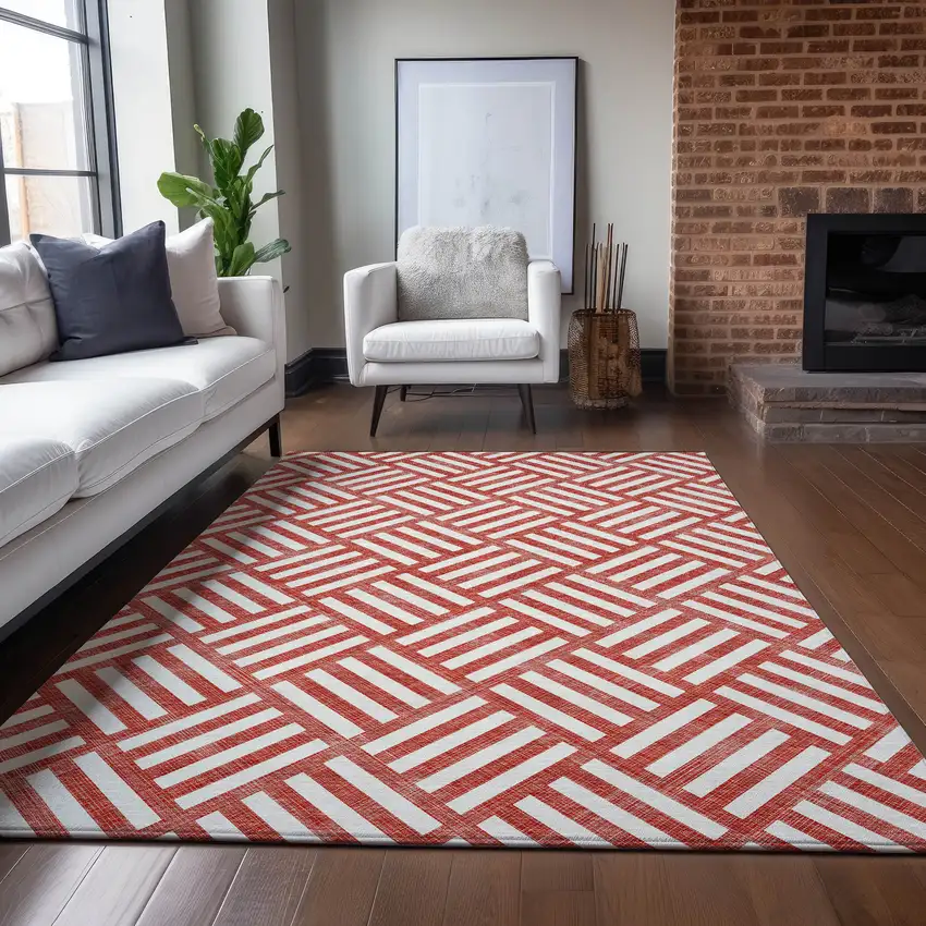 Red And Ivory Geometric Washable Indoor Outdoor Area Rug Photo 9