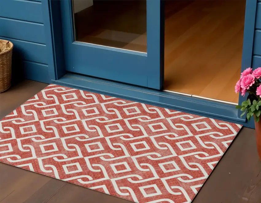 Red And Ivory Geometric Washable Indoor Outdoor Area Rug Photo 1