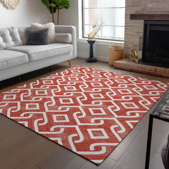 Red And Ivory Geometric Washable Indoor Outdoor Area Rug Photo 9
