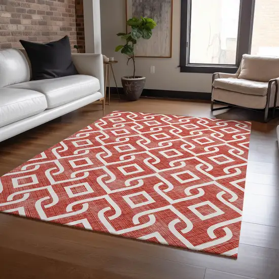 Red And Ivory Geometric Washable Indoor Outdoor Area Rug Photo 8