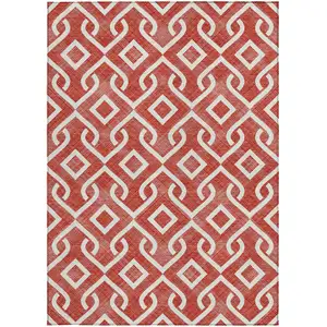 Photo of Red And Ivory Geometric Washable Indoor Outdoor Area Rug