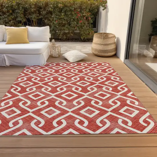 Red And Ivory Geometric Washable Indoor Outdoor Area Rug Photo 9