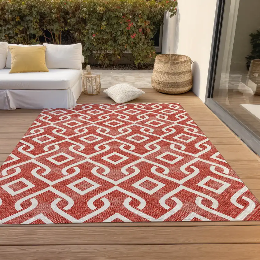 Red And Ivory Geometric Washable Indoor Outdoor Area Rug Photo 9