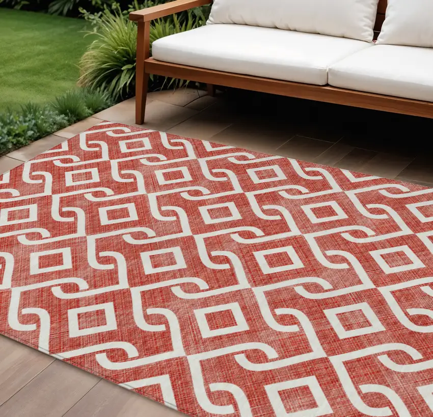 Red And Ivory Geometric Washable Indoor Outdoor Area Rug Photo 1
