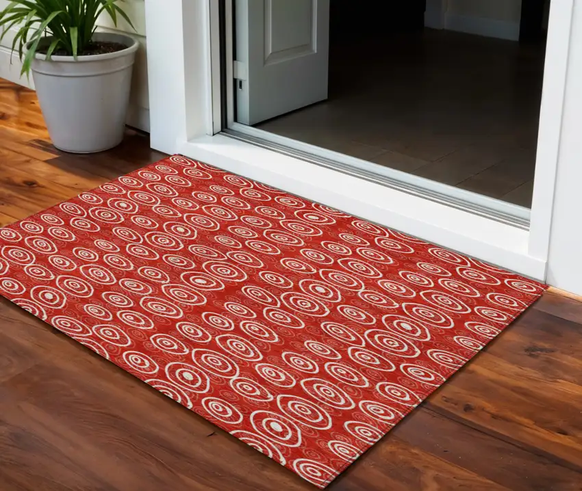 Red And Ivory Geometric Washable Indoor Outdoor Area Rug Photo 1