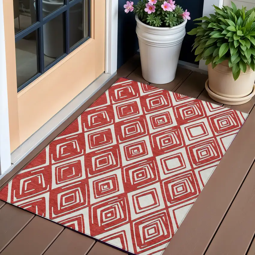 Red And Ivory Geometric Washable Indoor Outdoor Area Rug Photo 1
