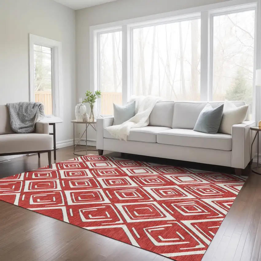 Red And Ivory Geometric Washable Indoor Outdoor Area Rug Photo 9
