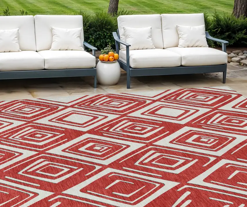Red And Ivory Geometric Washable Indoor Outdoor Area Rug Photo 1