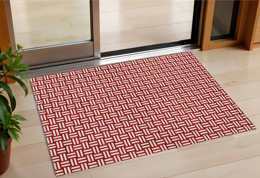 Red And Ivory Geometric Washable Indoor Outdoor Area Rug Photo 1