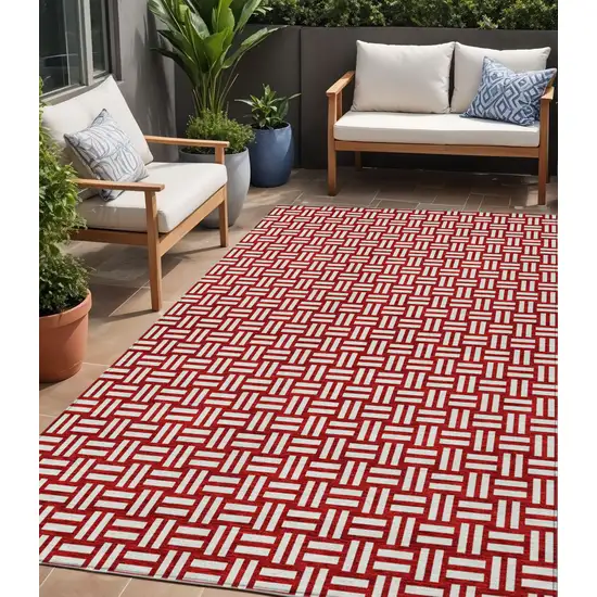 Red And Ivory Geometric Washable Indoor Outdoor Area Rug Photo 1