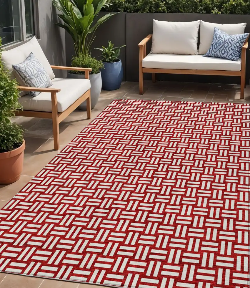 Red And Ivory Geometric Washable Indoor Outdoor Area Rug Photo 1