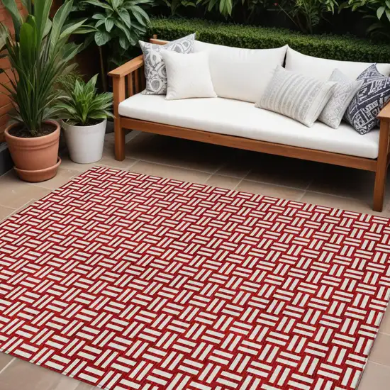 Red And Ivory Geometric Washable Indoor Outdoor Area Rug Photo 1
