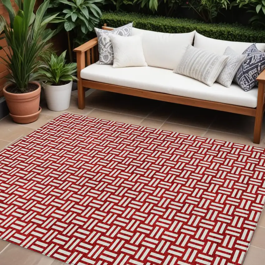 Red And Ivory Geometric Washable Indoor Outdoor Area Rug Photo 1