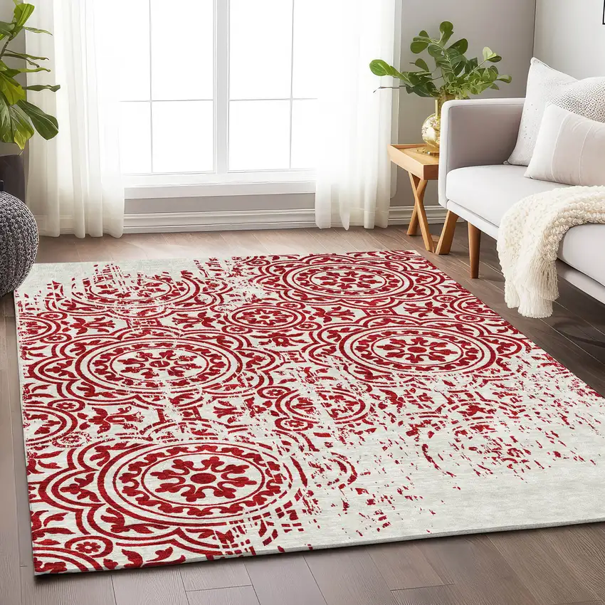 Red And Ivory Medallion Washable Area Rug With UV Protection Photo 5