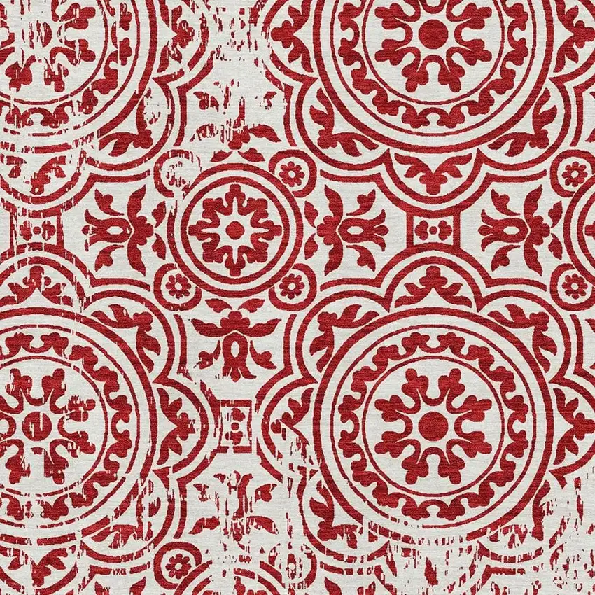 Red And Ivory Medallion Washable Area Rug With UV Protection Photo 3