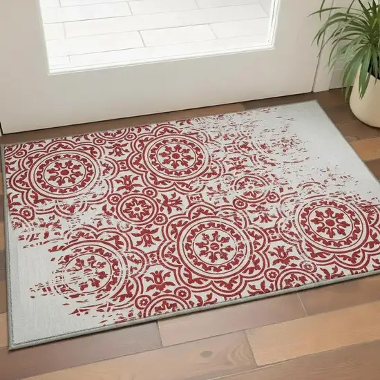 Red And Ivory Medallion Washable Area Rug With UV Protection Photo 2