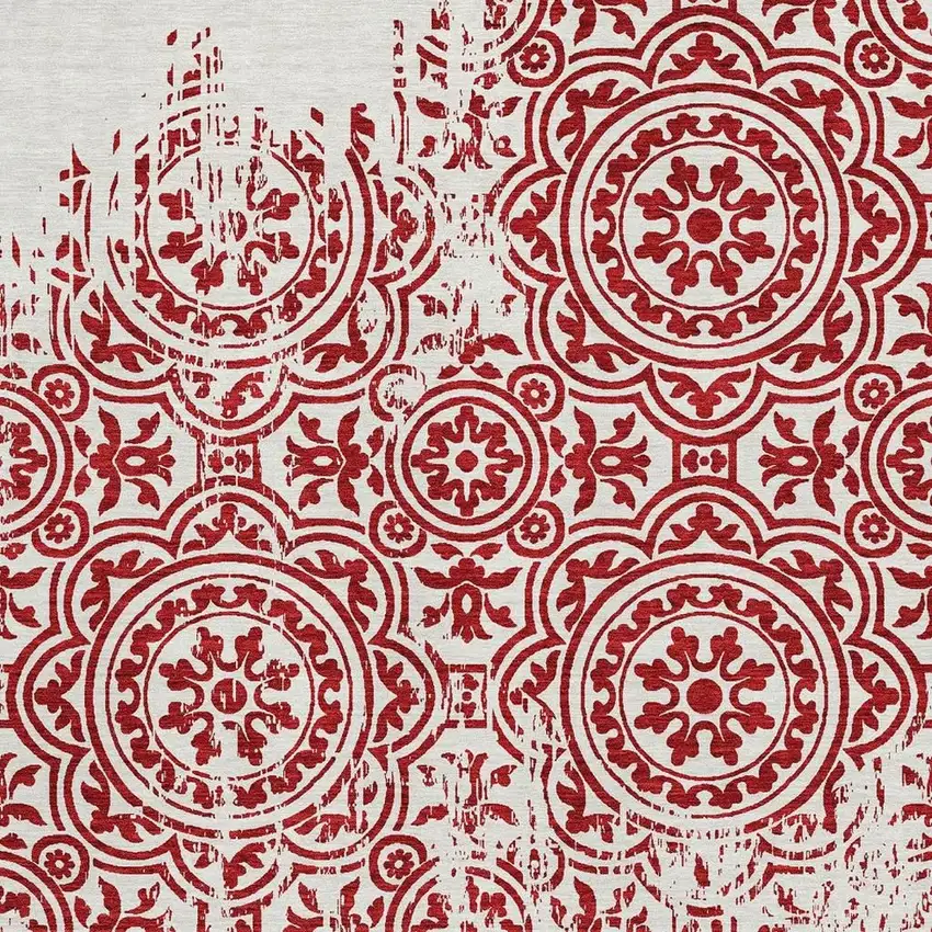 Red And Ivory Medallion Washable Area Rug With UV Protection Photo 4