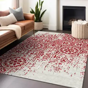 Photo of Red And Ivory Medallion Washable Area Rug With UV Protection