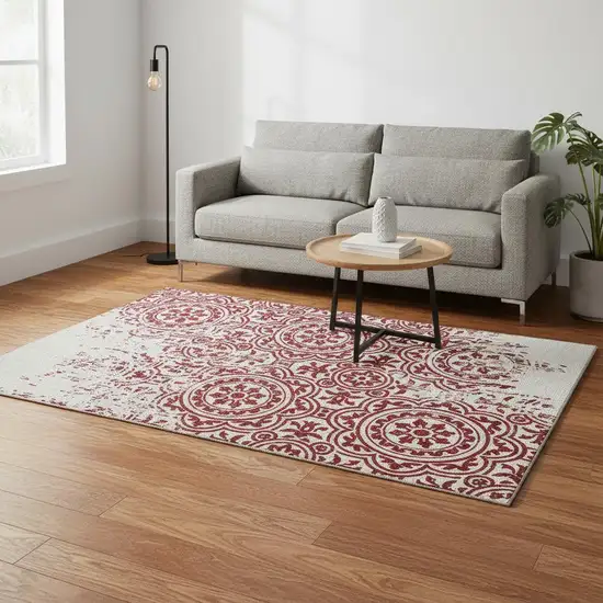 Red And Ivory Medallion Washable Area Rug With UV Protection Photo 2
