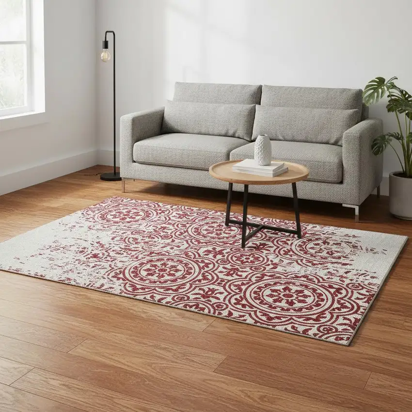 Red And Ivory Medallion Washable Area Rug With UV Protection Photo 2