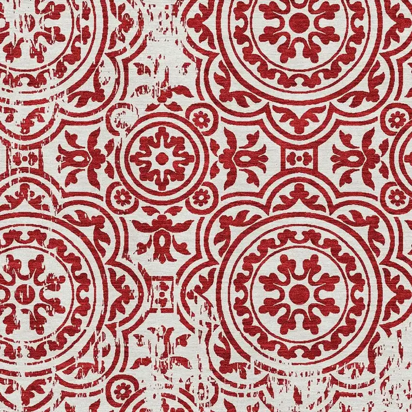 Red And Ivory Medallion Washable Area Rug With UV Protection Photo 3