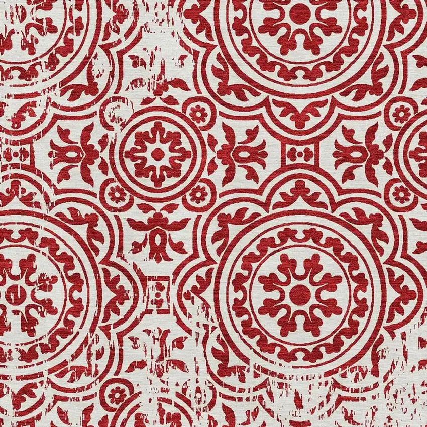 Red And Ivory Medallion Washable Area Rug With UV Protection Photo 3