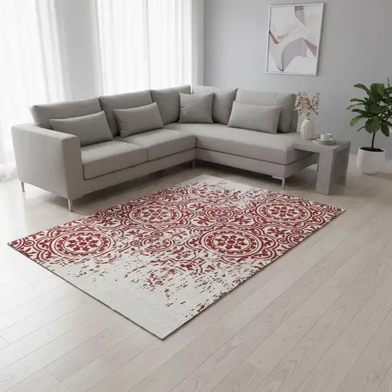 Red And Ivory Medallion Washable Area Rug With UV Protection Photo 2